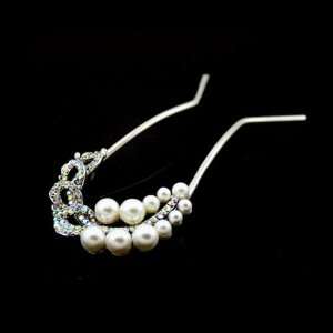    Pearl and Rhinestone 2 Prong Bridal Hair Stick Fork Leaves Beauty