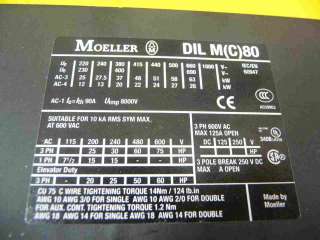 Moeller Contactor DIL M80 3ph 600VAC 125A working  