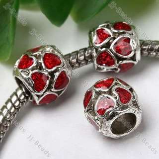 5p Silver Plated Enamel Heart European Beads Fit Charms  