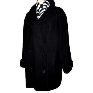   80s Women Black Winter Wool Chic Wide Collar Long Pea Coat M 10  