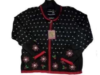 Womens Black & Red Holiday Sweater Beaded Poinsettia Christmas 