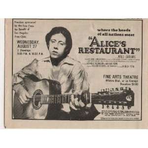  Arlo Guthrie Alices Restaurant Promo Ad Original