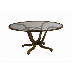   60 Round Glass Patio Dining Table with Umbrella Hole Olive Wood Patio