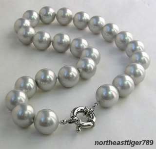 12mm Gray Shell Pearl Silver Clasp 18 Necklace  