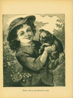 VICTORIAN GIRL HOLDING PUPPY ANTIQUE DOG PRINT 1896  