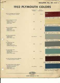 1952 PLYMOUTH Paint Sample COLOR CHIP CHART Brochure DuPont  