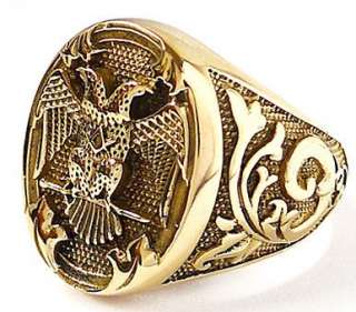 DOUBLE HEADED EAGLE EMPIRE GOLD BRASS RING Sz 9 BYZANTINE ROMAN RUSSIA 