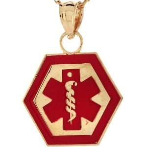  14k Real Gold Medical Alert Red Enamel 1.6cm Charm Pendant 