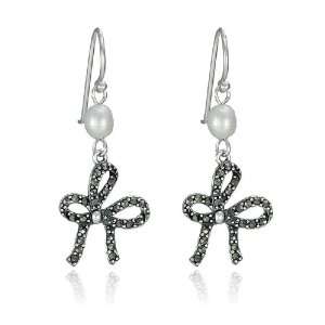    Sterling Silver Marcasite Bow with Pearl Wire Earrings Jewelry