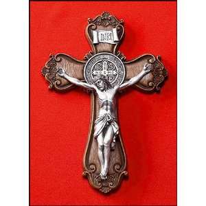   Catholic Wood Finsih Wall Hanging Cross Silver Antique Tone Crucifix