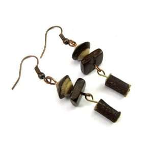  Striped Wood Bead, with Coconut Square and Wood Branch Dangle Earrings