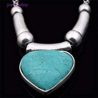 blue howlite turquoise heart inlay bead Tibet silver chain pendant 