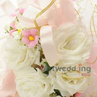 Graceful White Rose Bridal Bouquet with Lovely Pink Ribbon Wedding 