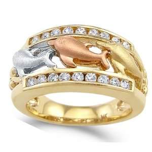 Dolphins Ring CZ 14k White Rose Yellow Gold Band Cubic Zirconia 1/2 CT 