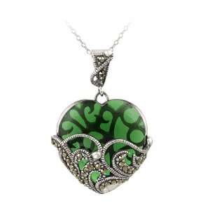  Sterling Silver Marcasite and Green Glass Heart Necklace Jewelry