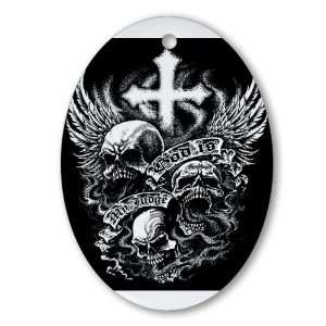   (Oval) God Is My Judge Skulls Cross and Angel Wings 
