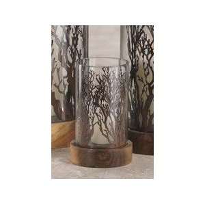  Set of 2 Small Candle Hurricanes Forest Motif with Wood 