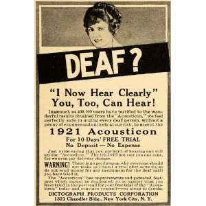 1921 Ad Dictograph Acousticon Deafness Hearing Device 