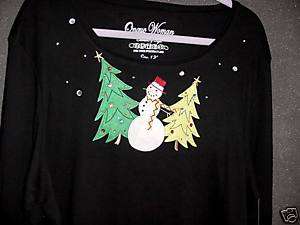 ONQUE WOMAN ADORABLE SNOWMAN AND TREES 1X NWT BLACK  