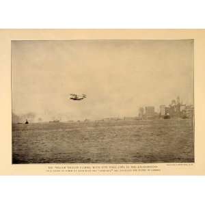 1909 Wilbur Wright Airplane Flight NY Harbor Print   Original Halftone 