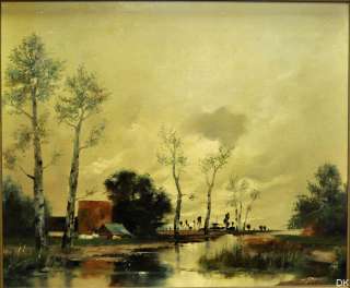 Wonderful A. Herbe Oil on Canvas Dutch River Scene Great Large Frame 