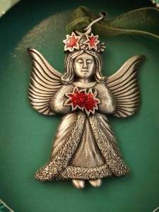 Pewter Holiday Legend of the Poinsettia Christmas Angel Ornament 2.75 