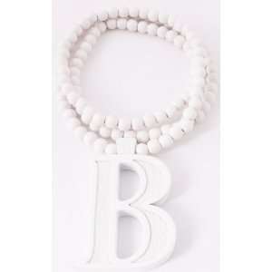 White Wooden Initial Letter B Pendant with a 36 Inch Beaded Necklace 