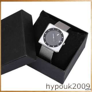 Hot Sales Square Silver Band Black Dial Quartz Stainless Steel Mens 