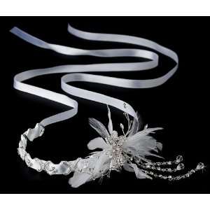  CrystalsFeather White Ribbon Headband Tiara Jewelry