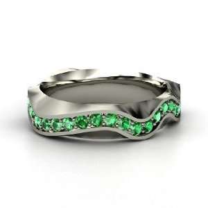  Wave Band, 14K White Gold Ring with Emerald Jewelry