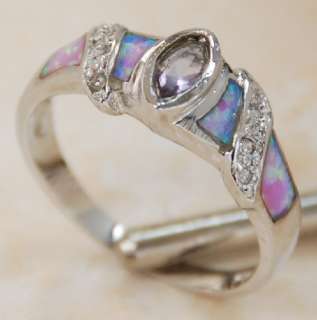 Classy pink fire opal White topaz Gemstone Silver Ring Size 7.5 (R326 