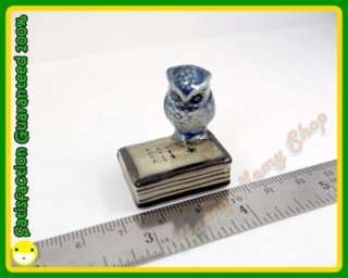 Miniature Figurine Ceramic Animal Bird Statue Owl & Book Blue  
