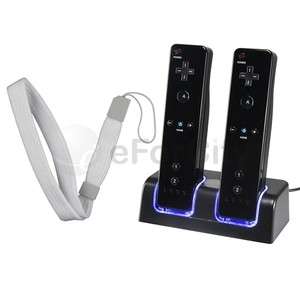 BLACK FOR WII DUAL REMOTE CHARGING DOCK+2 WHITE HAND WRIST STRAPS 