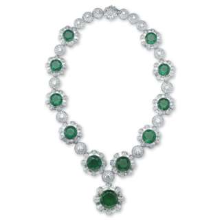 NATURAL 174.97 ct Round Emerald & Diamond 18kWG Necklace,Ring 