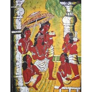 Ajanta Prince with Concubines   Batik Painting On Cotton Fabric 