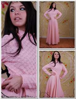 Vintage 60s 70s Mod Pink Maxi Turtleneck Evening Dress  