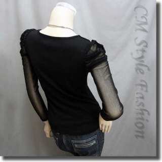 Ruched Shoulder Sequined Sheer Sleeve Bow Detail Boho Top Black XS 