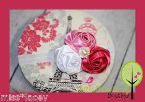   Toddler Teen Lady Headband Fascinator Flower Satin Rose Pink White