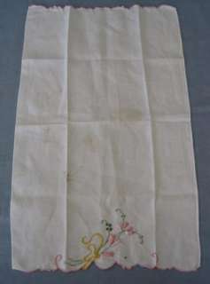 Vintage White Linen Kitchen Dish Towel Floral Embroidery Eyelet 
