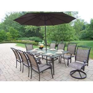 Oakland Living Cascade 9pc Dining Set with Tilting Umbrella and Stand