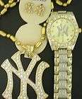 NEW YORK YANKEE GOLD CZ CHARM CHAIN CZ EARRINGS TWO TONE GOLD FACE 