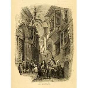 1872 Wood Engraving Egyptian Street Cairo Africa Camel Donkey Windows 
