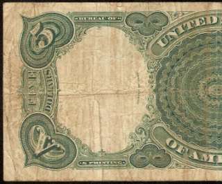 1907 $5 DOLLAR BILL UNITED STATES LEGAL TENDER WOODCHOPPER NOTE 
