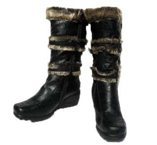   FASHION KNEE HIGH BOOTS MID CALF Black Winter Fur Lined Wedge Snow