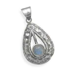 Rainbow Moonstone Hammered Sterling Silver Tear Drop Pendant, 18 inch