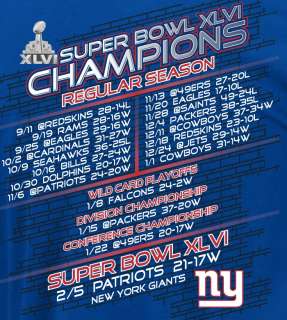 New York Giants Super Bowl 46 Champions Blue Schedule T Shirt Tee 