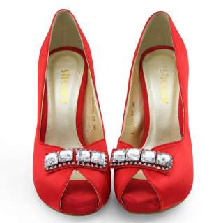 SHOEZY womens red satin wedding rhinestones platform high heels pumps 