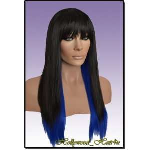 Hollywood_hair4u   Long 1B Black and Blue Razored Wig Kanekalon Heat 