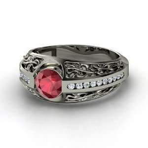  Vintage Romance Ring, Round Ruby Platinum Ring with Diamond Jewelry