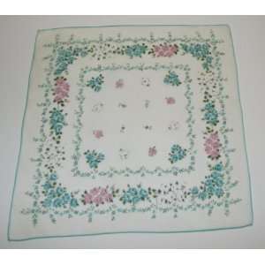  Vintage Ladies Handkerchief With Blue And Pink Rose Design 